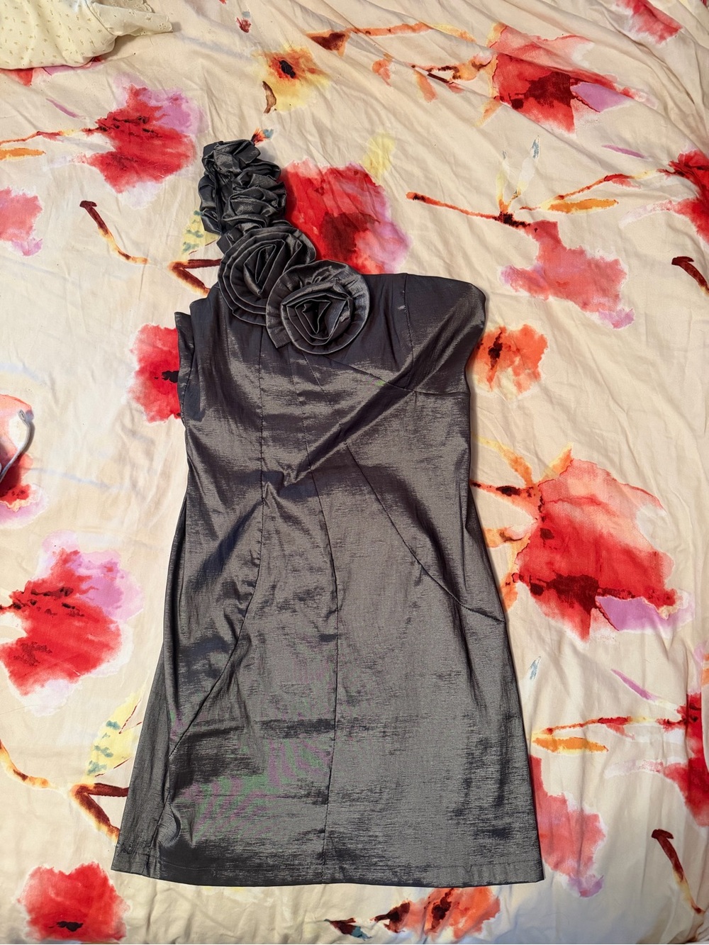 One-Shoulder pewter Cocktail Dress with Rosette Detail